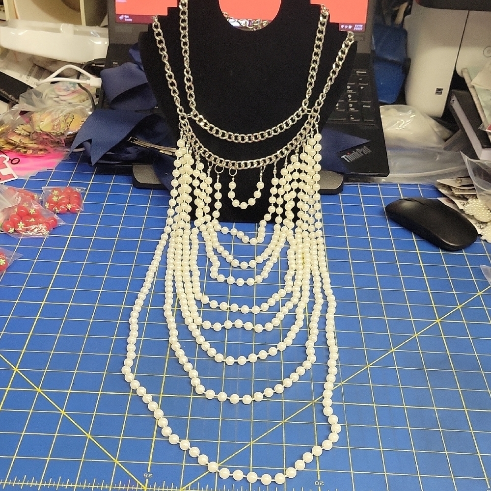 Silver White Beaded 15 Strand Layered Necklace - Picture 1 of 6
